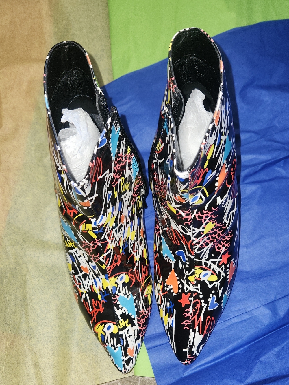 BAMBOO Women's Multicolor Graffiti Print Pointed Heeled Ankle Boots